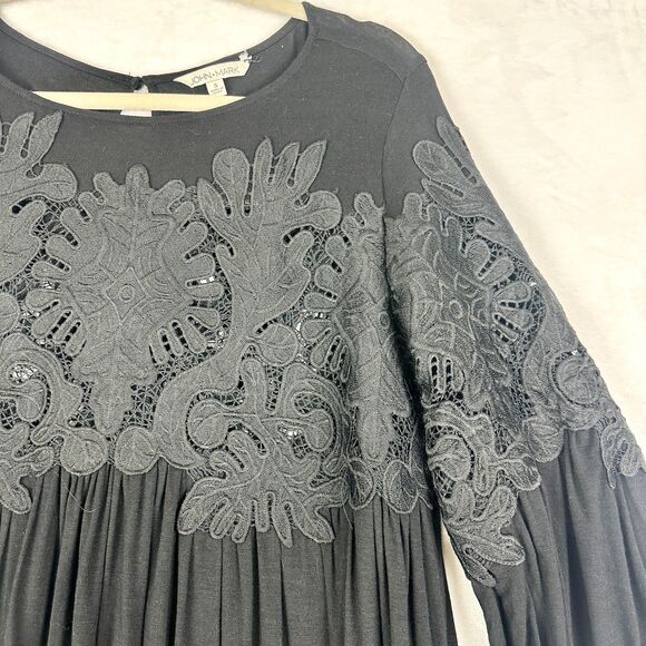 John Mark Crochet Lace Top Size Small Black Boho 3/4 Sleeve Tone On Tone - Picture 3 of 5
